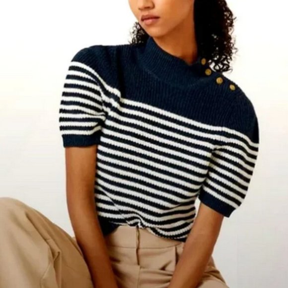 Anthropologie Maeve M NWT Divendra Knit Short Sleeve Sweater Top Blue Striped